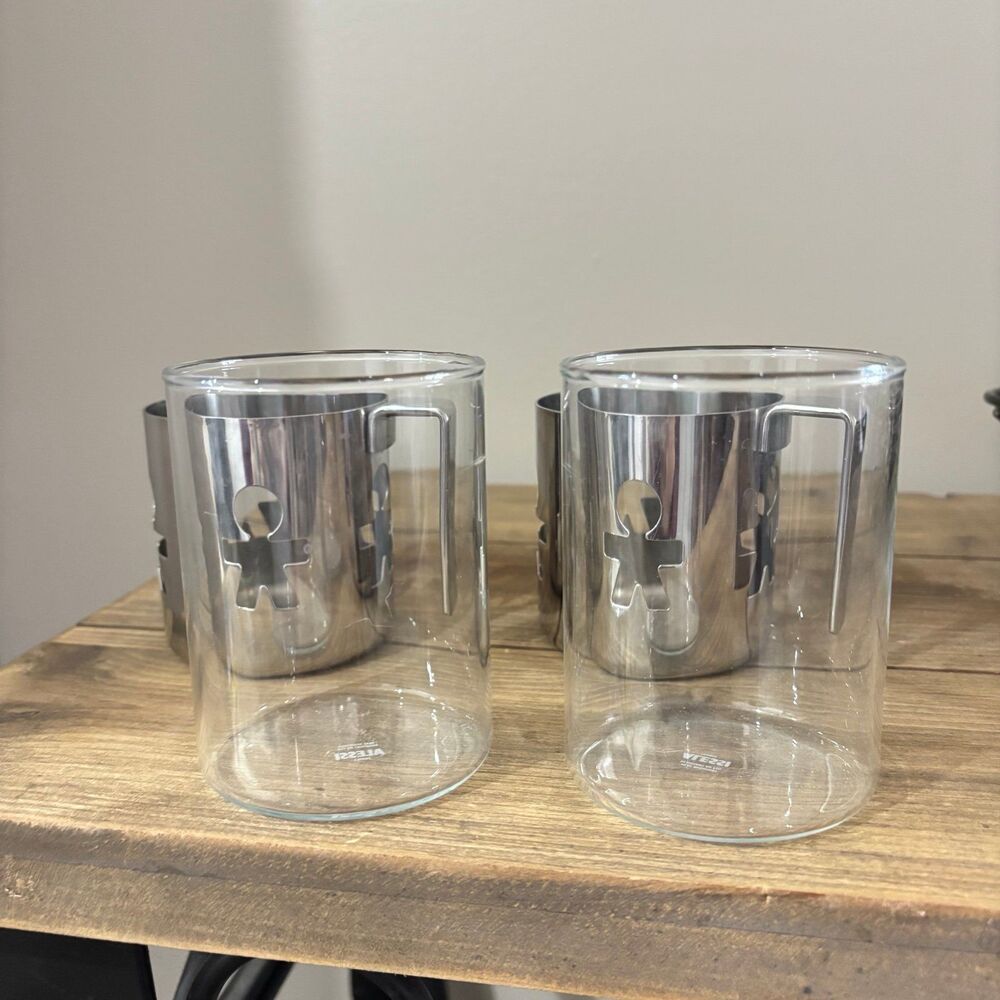 Vintage Alessi Postmodern Girotondo Design Mug Stainless Steel Glass Set of 2 - Picture 3 of 8